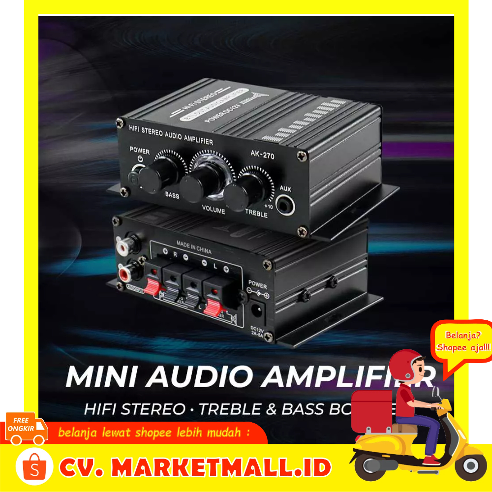 Amplifier Penguat Audio Mini Lampu LED Treble Bass Booster 2-channel HiFi Stereo 12V Lepy AK-270 - 7RSKD9BK