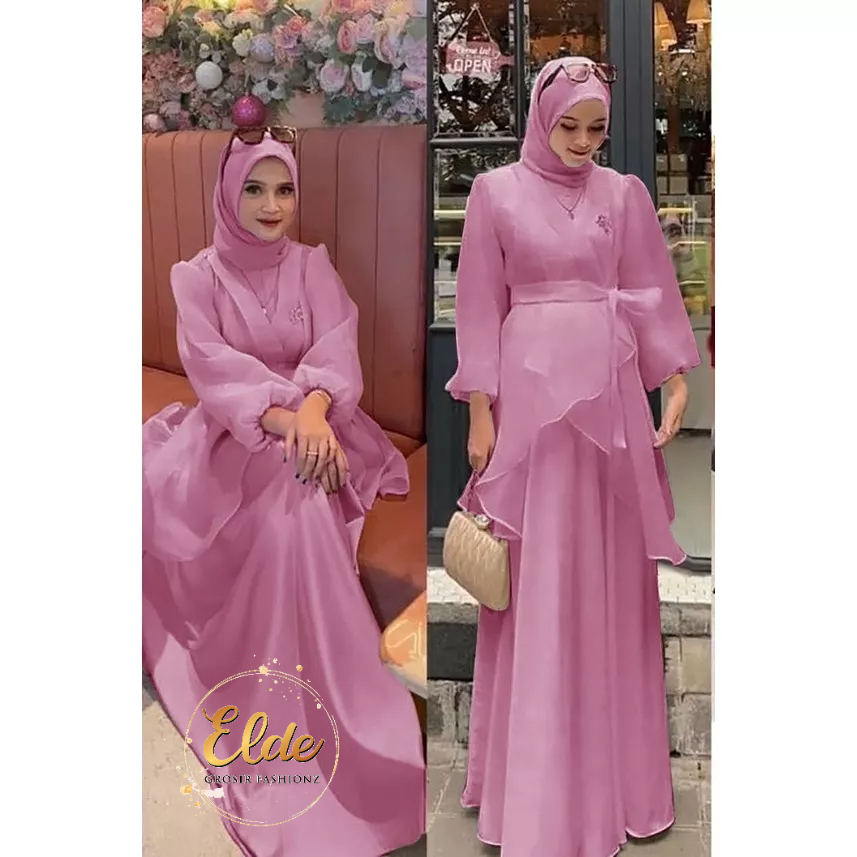 ELDE 12 - MAXI ORGANZA MAXY DRESS ( M - L - XL - XXL ) BAHAN VELVET BAGIAN CARDI ORGANZA DEPAN NYATU, LENGAN LAPIS ORGANZA, SLETING DAN KARET BELAKANG + BELT TALI ORGANZA ( NO BROSS )