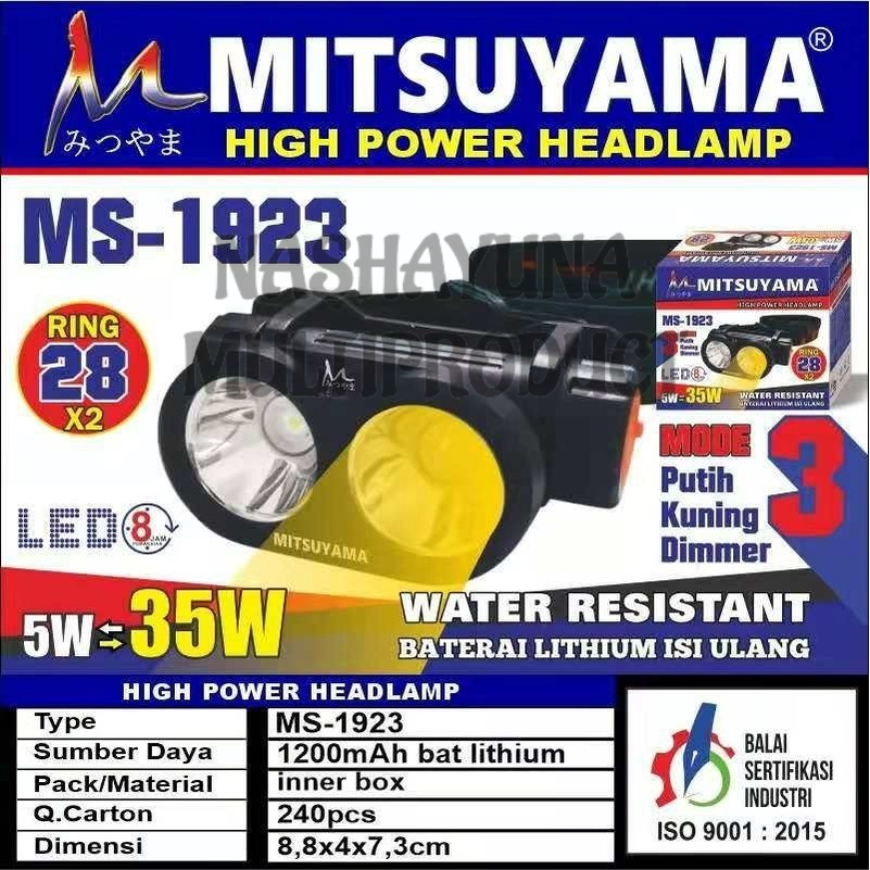 Promo Terbaru!!! Senter Kepala Led Mitsuyama MS-1923 3 Mode Putih Kuning Dimmer Headlamp Batrai Awet dan tahan lama