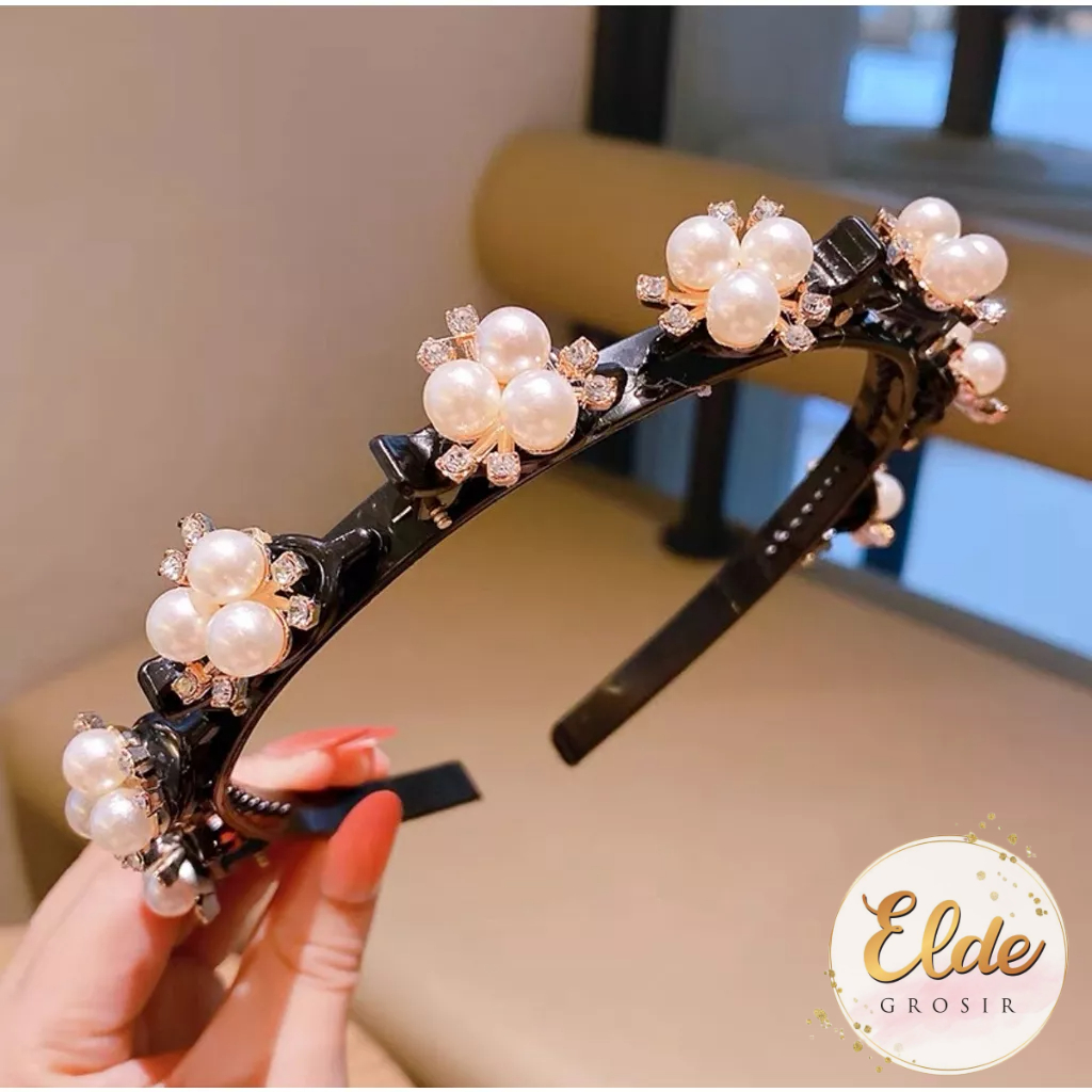 ELDE - Korea Fashion Ikat Kepala 2 in 1 Jepit Rambut Pola Kristal Mutiara Wanita Dewasa Rambut Hoop Jepit Rambut / bando jepit