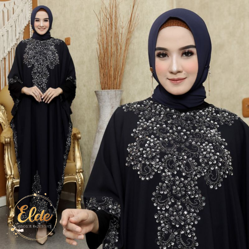 ELDE 9 - Kaftan gemini KAFTAN DRESS JUMBO bahan ceruty baby doll + LAPIS FURING pisah ld 150 pjg 140 aplikasi manik2  jahit tangan combi benang corneli