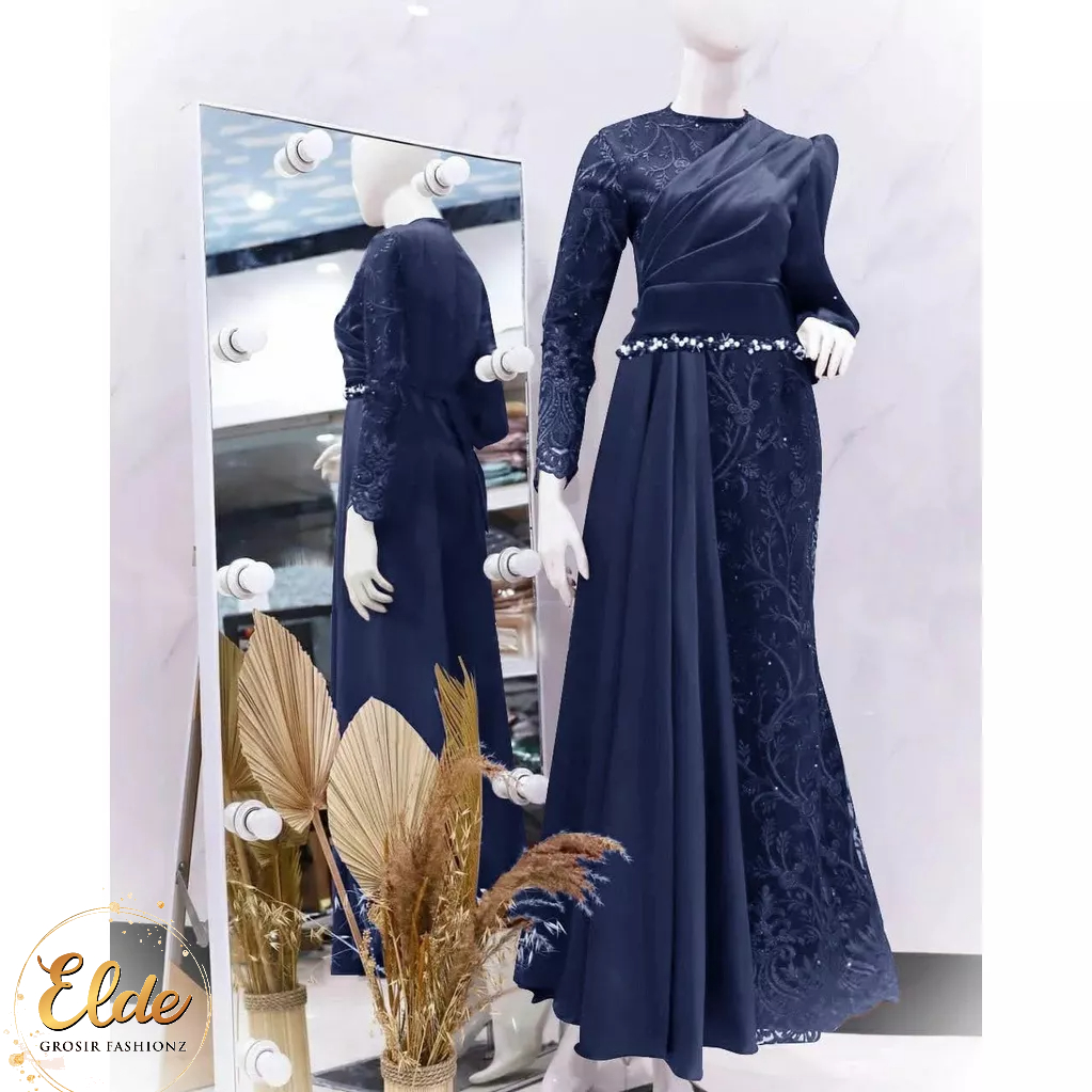 ELDE 12 - ( M - L - XL - XXL )  MAXI DRESS DUYUNG CHANELIA MAXY BAHAN TILE MUTIARA FULL DEPAN BLKG LAPIS FURING BAGIAN DEPAN ADA LAYER VELVET BAGIAN PINGGANG MUTIARA TEMBAK