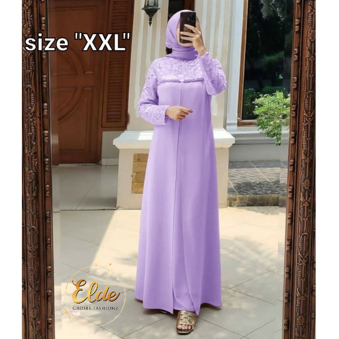 ELDE 12 - SIZE L XL XXL Maxi dress aulia Gamis Maxi JUMBO DRESS bahan brukat corneli lapis furing kombi crepe aplikasi mutiara tembak mewah LD 100cm pjg 135cm bagian depan 2lapis