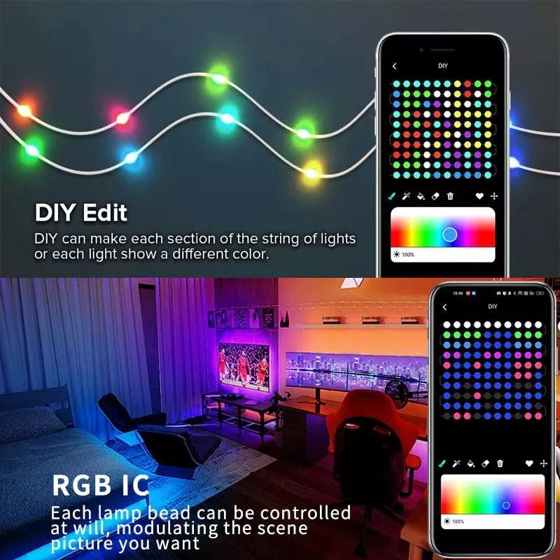 RBGIC Lampu Selang 20m 200LED bisa di program Anti Air Dekorasi Disco Cafe Pub Karaoke bisa mengikuti alunan musik cocok untuk lampu pohon natal LED Fairy Lights RGB IC Remote Bluetooth APP Control Light Music Sync Holiday Outdoor Lamp Garland For Party