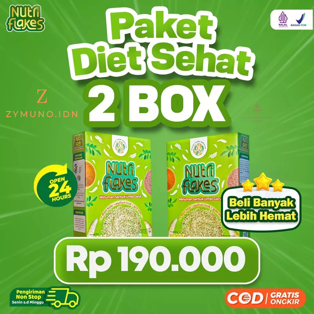 Paket Diet Sehat 2 Box Nutriflakes || Minuman Serbuk Umbi Garut Asli Dengan Psyilium Husk &amp; Daun Kelor Solusi Perlancar Pencernaan Bantu Terapi Asam Lambung Maag Sumber Vitamin &amp; Serat Bantu Untuk Profram Diet