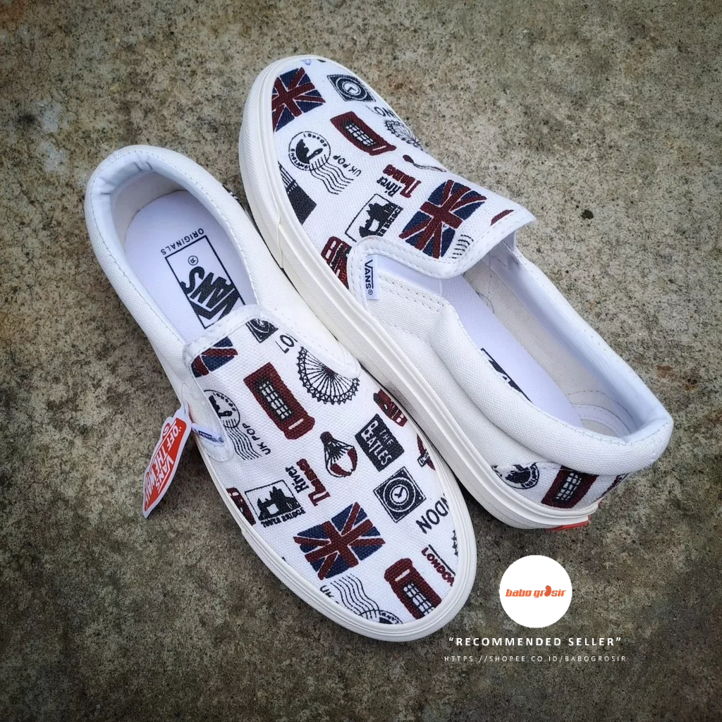 PROMO Sepatu Slip On Wanita dan Pria | Vans Slip On London The Beatles Premium Import Quality, Include Box, Upper Kanvas, Waffle DT Anti Slip, Tag Made in China, Harga Termurah