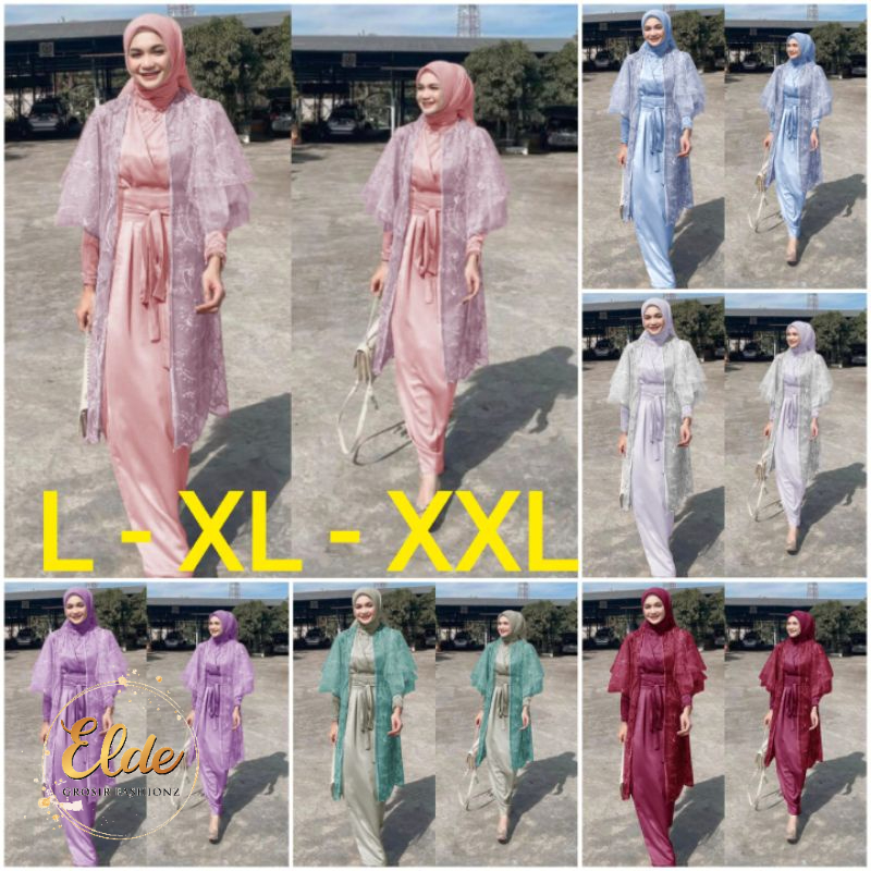 ELDE 12 - MAXY LUCIA BRUKAT TILLE DRESS SET GAMIS JUMBO WANITA SIZE M - L - XL - XXL BAHAN ROBERTO SLETING BELAKANG + CARDI TILE MUTIARA IMPORT + OBI LILIT LUCIANNA