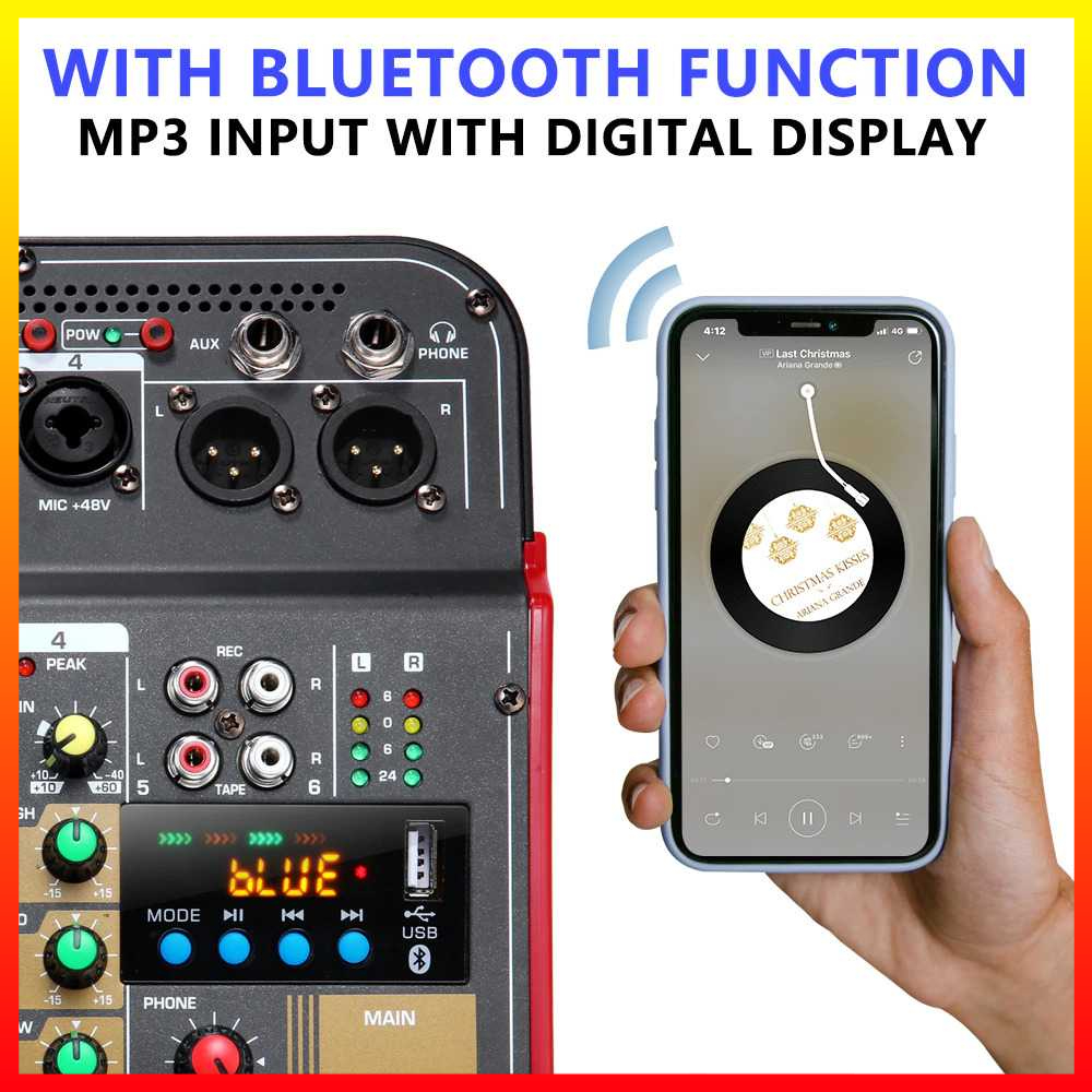 Mixer Audio Podcast Professional Live Audio Mixer DJ Bluetooth 6 Channel Dukungan 48V Phantom Power MX-i6 - 7RSKCGBK