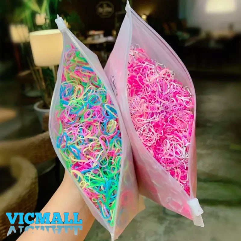 VICMALL - Ikat Rambut karet Korea model polos I Can Swim Isi 100 Pcs + Pouch