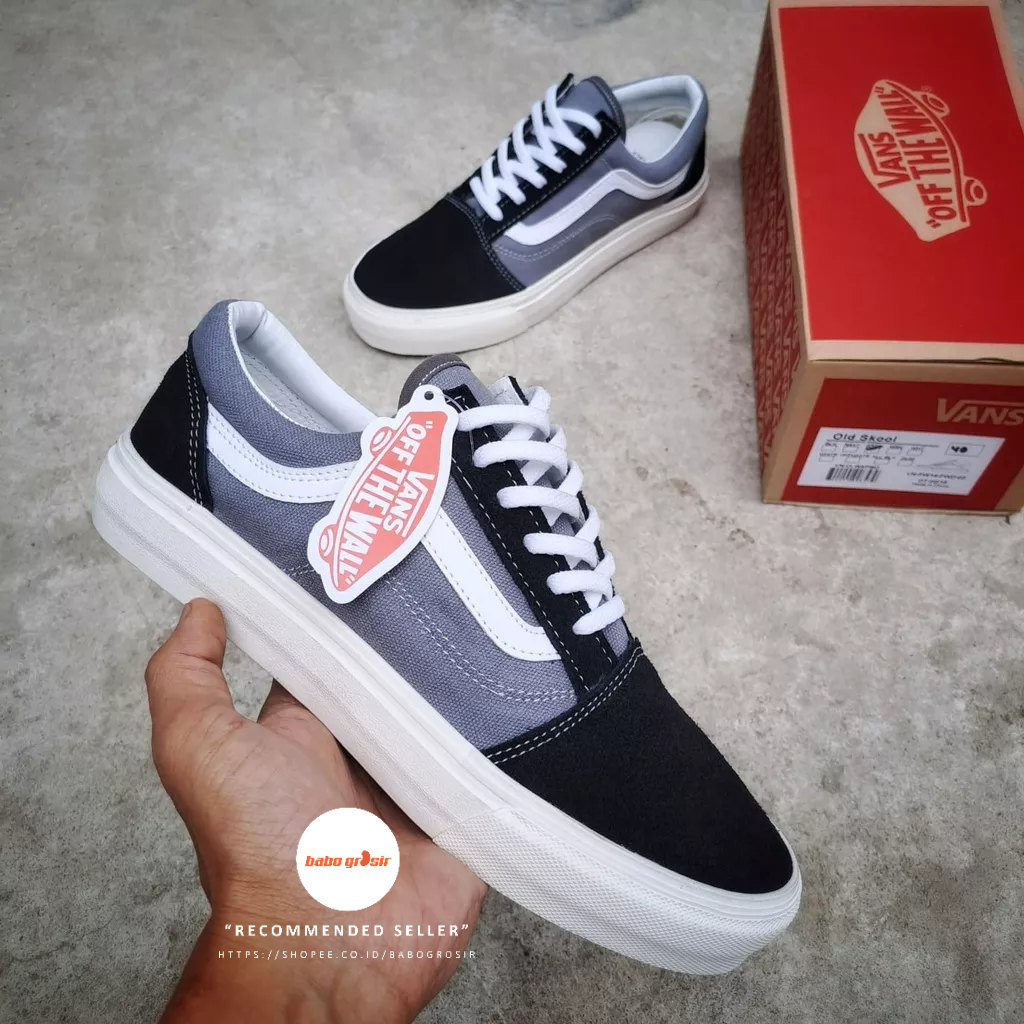 PROMO Sepatu Sneakers Vans Oldskool Black Grey OG Premium Quality. Upper Suede Leather, Waffle DT Rubber Anti Slip, Tag Made in China dengan Harga TERMURAH