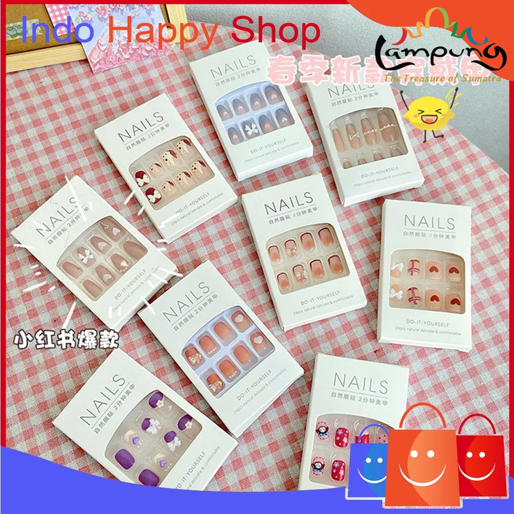 ⭐️𝐈𝐇𝐒 𝟖𝟗𝟖 𝐋𝐚𝐦𝐩𝐮𝐧𝐠⭐️Kuku Palsu Fake Nail Kuku Palsu Tahan Air 24pcs + Lem New Fashion Korea