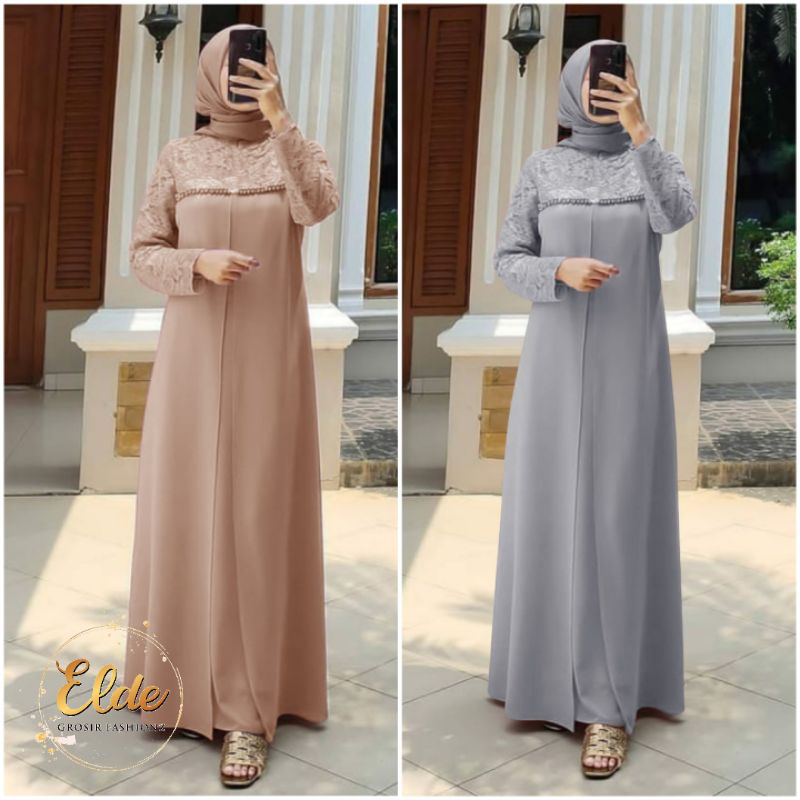 ELDE 12 - SIZE L XL XXL Maxi dress aulia Gamis Maxi JUMBO DRESS bahan brukat corneli lapis furing kombi crepe aplikasi mutiara tembak mewah LD 100cm pjg 135cm bagian depan 2lapis