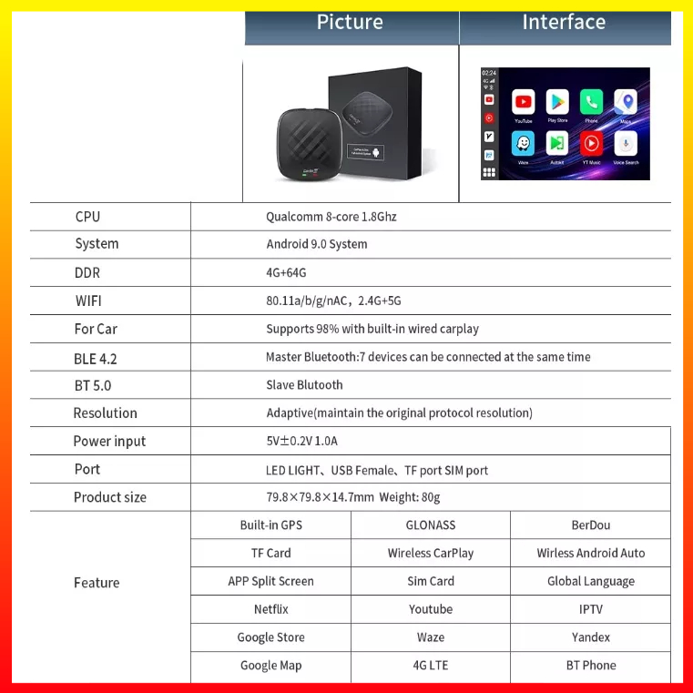 CarPlay Kotak Interkoneksi Pintar Nirkabel Android 9.0 Ke Sistem Android AI Box Netflix Youtube Wireless 64GB CarlinKit CPC200-V3 - 7CRS2TBK