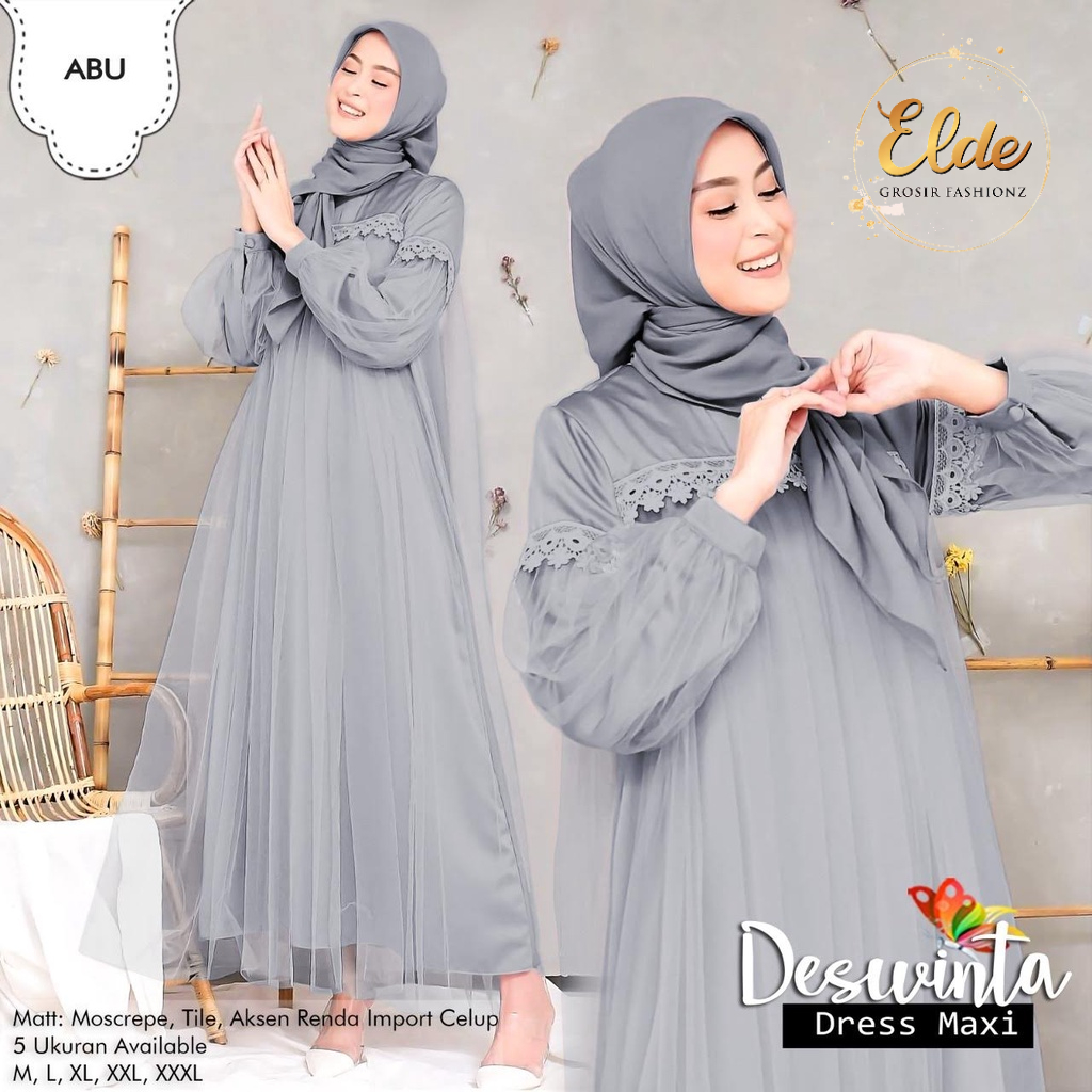 ELDE  66 - Maxy dress terbaru Dress Deswinta / Gamis Deswinta / Gamis Terbaru modern / Bahan tile furing moscrepe aplikasi renda / tanpa pasmina