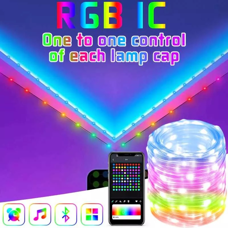 RBGIC Lampu Selang 20m 200LED bisa di program Anti Air Dekorasi Disco Cafe Pub Karaoke bisa mengikuti alunan musik cocok untuk lampu pohon natal LED Fairy Lights RGB IC Remote Bluetooth APP Control Light Music Sync Holiday Outdoor Lamp Garland For Party