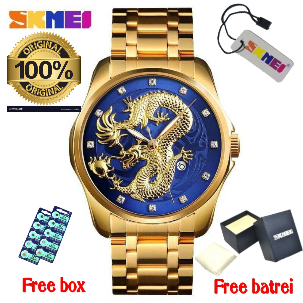 Jam Tangan SKMEI Naga Emas 3D / Jam Tangan Naga Gold Emas Timbul | FREE BATEREI | Bisa COD Bayar Dit