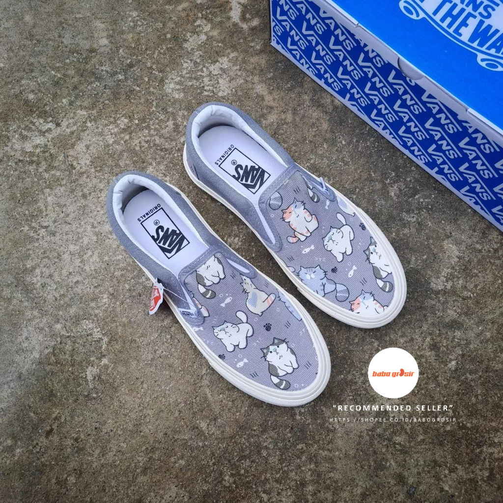 PROMO Vans Slip On Cat (Motif Kucing) Premium Import Quality Include Box untuk Dewasa dan Anak - Anak. Upper Kanvas, Waffle DT Anti Slip, Tag Made in China, Harga Termurah