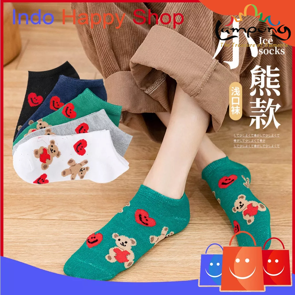 ⭐️𝐈𝐇𝐒 𝟕𝟕𝟑 𝐋𝐚𝐦𝐩𝐮𝐧𝐠⭐️Kaos Kaki Wanita Motif Love Bear Kaos Kaki Pendek Ice Socks Korean Fashion