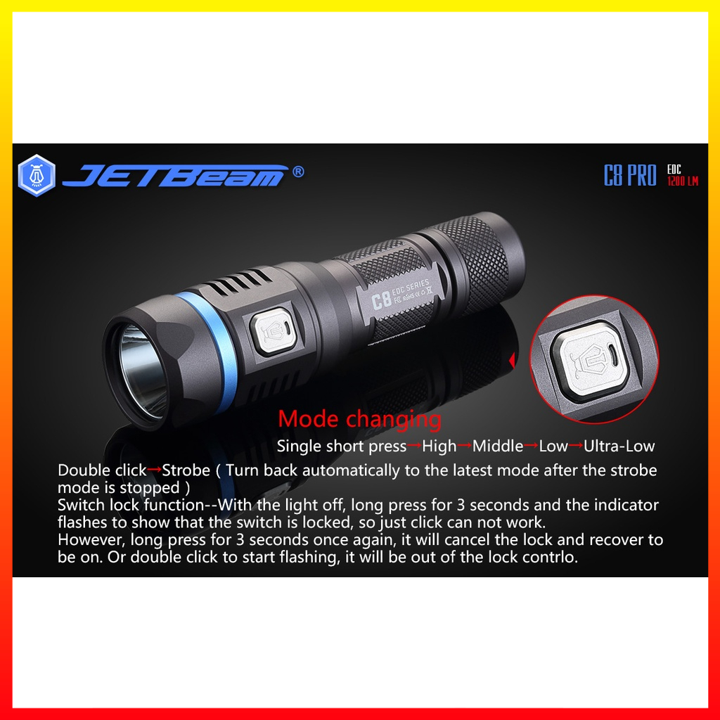 Tactical Senter LED Portabel Luar Ruangan Cahaya Kuat 1200 Lumens Baterai 18650 Waterproof IPX-8 JETBeam C8 Pro - JBFL26BK
