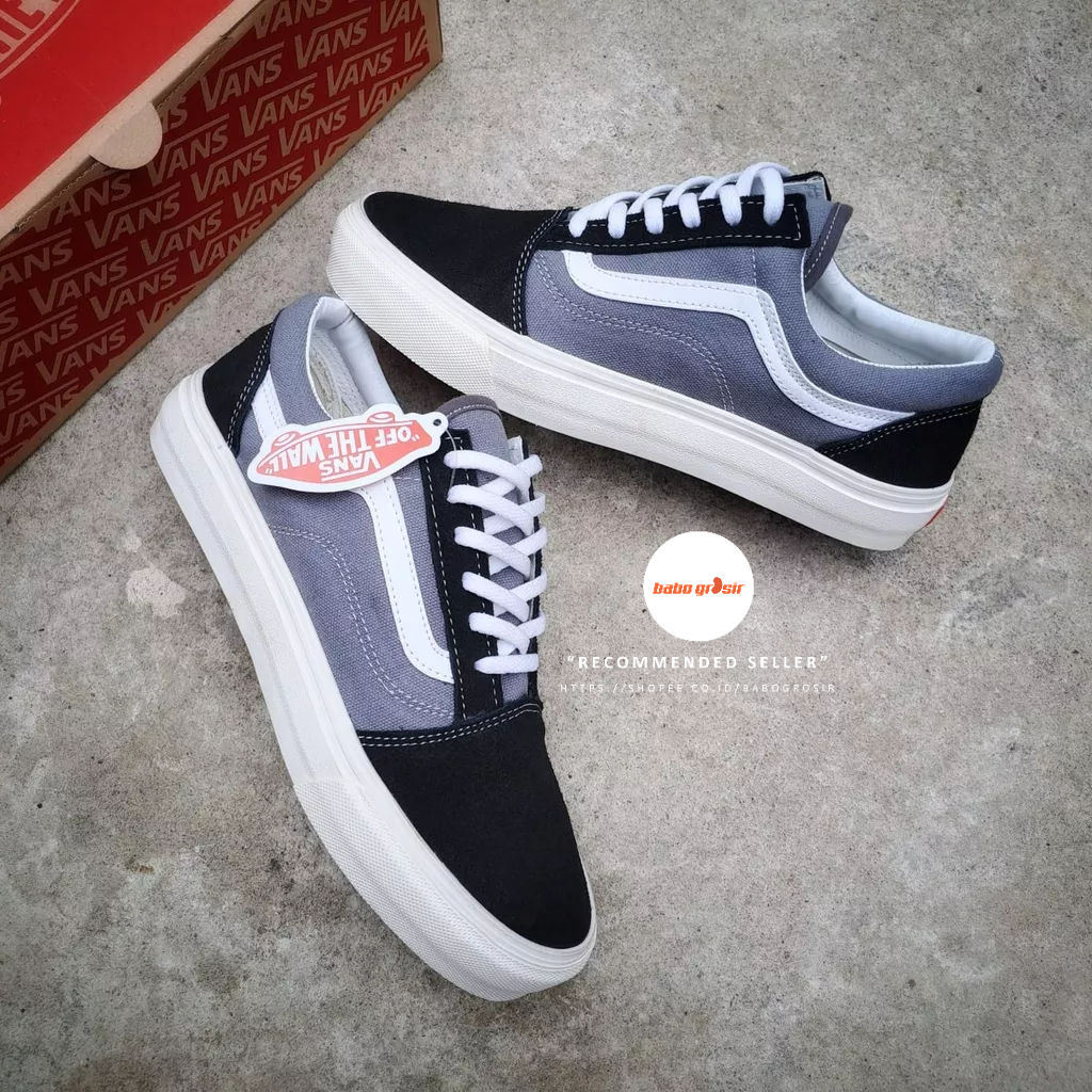 PROMO Sepatu Sneakers Vans Oldskool Black Grey OG Premium Quality. Upper Suede Leather, Waffle DT Rubber Anti Slip, Tag Made in China dengan Harga TERMURAH