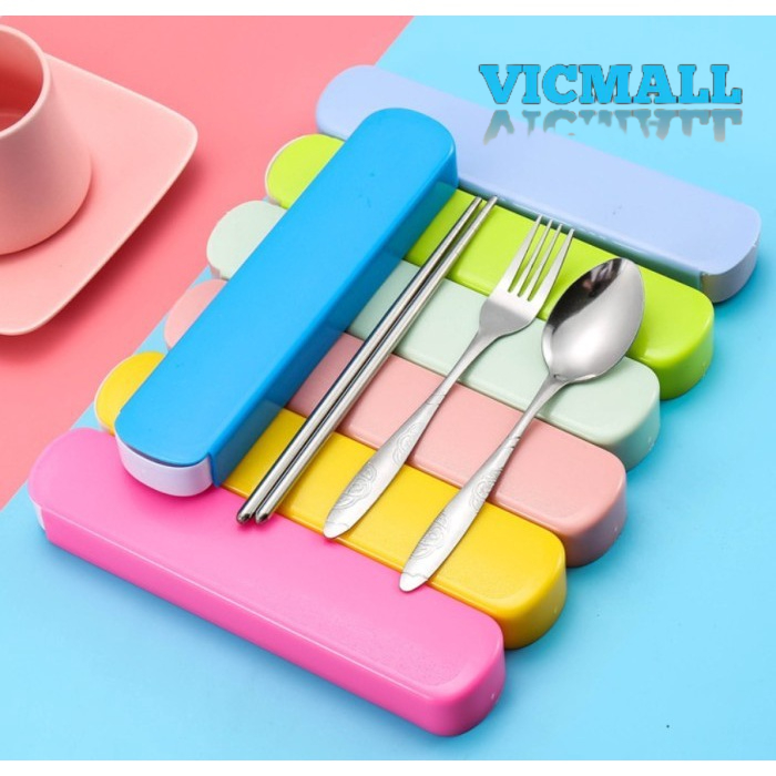 VICMALL - 4IN1 Set Sendok Garpu Sumpit Tebal Bahan Stainless Steel + BOX Food Grade