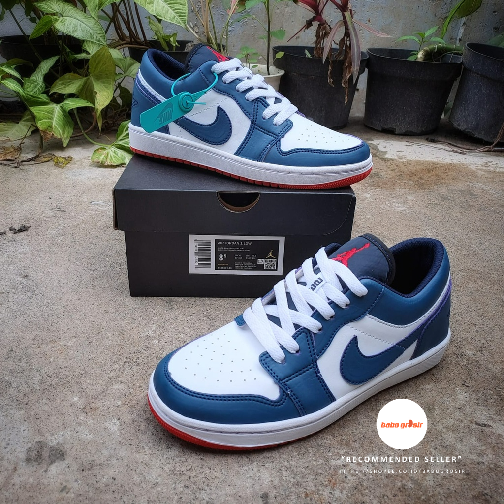 PROMO Sepatu Sneakers Nike Air Jordan Low Obsidian Navy Red Premium Tag Made in Indonesia Box Lengkap, Harga Murah, Kualitas Mewah