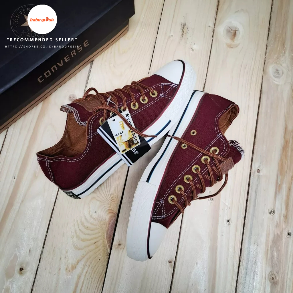 PROMO Sepatu Converse Chuck Taylor Classic Peached OX Maroon, Upper Kanvas, Tapak Rubber, Premium Import Quality Tag Made in Vietnam