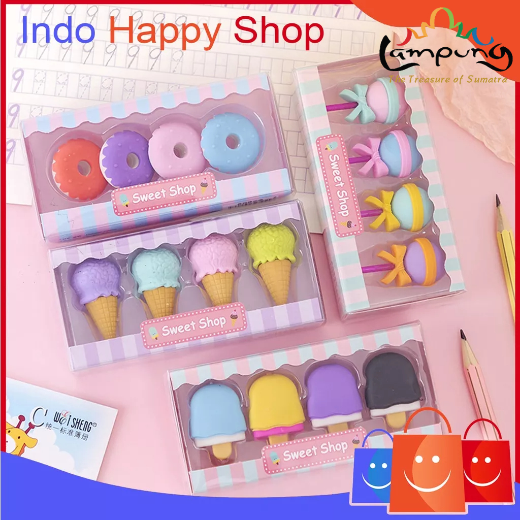 ⭐️𝐈𝐇𝐒 𝟖𝟑𝟕 𝐋𝐚𝐦𝐩𝐮𝐧𝐠⭐️Penghapus Pensil Karakter Sweet Shop Cone Lolipop Ice Cream Donut Set 4