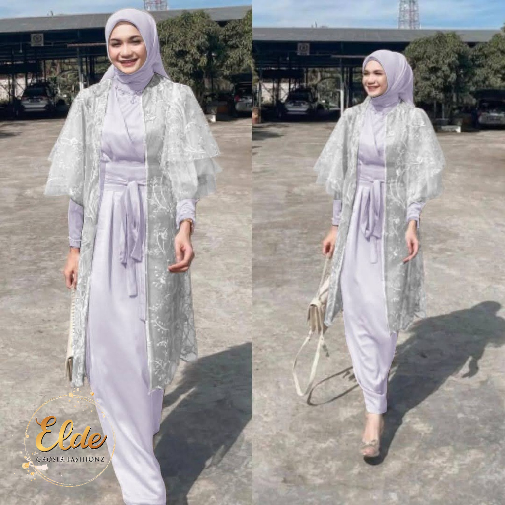 ELDE 12 - MAXY LUCIA BRUKAT TILLE DRESS SET GAMIS JUMBO WANITA SIZE M - L - XL - XXL BAHAN ROBERTO SLETING BELAKANG + CARDI TILE MUTIARA IMPORT + OBI LILIT LUCIANNA