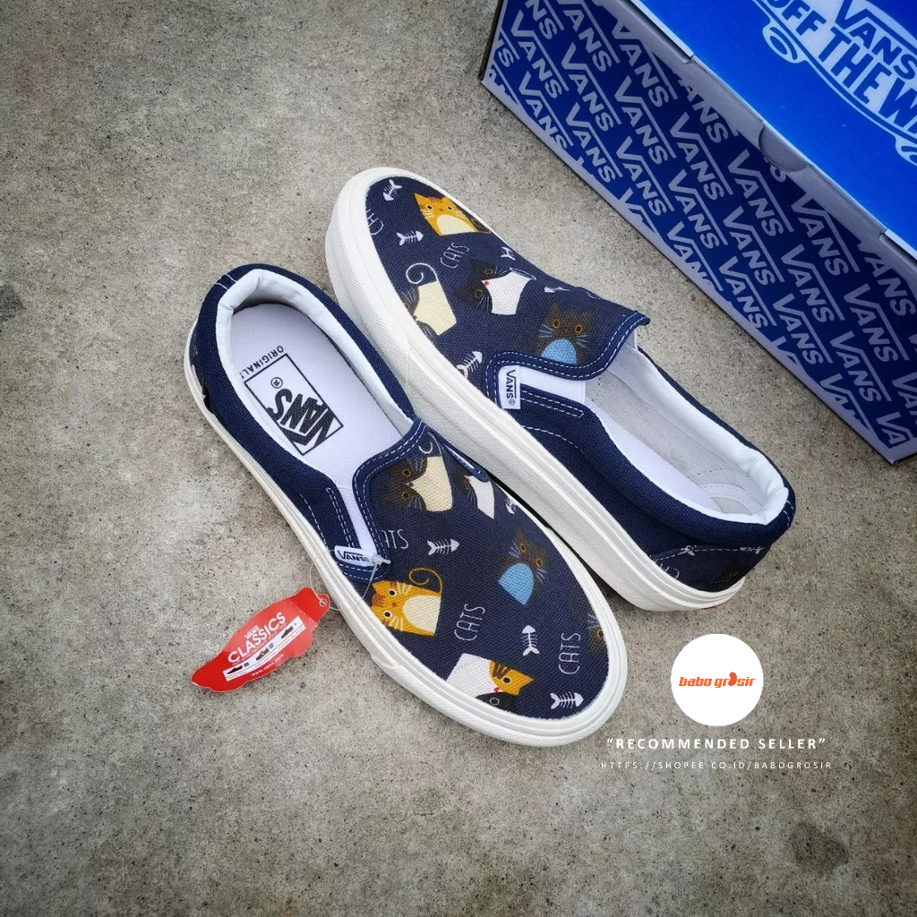 PROMO Vans Slip On Cat (Motif Kucing) Premium Import Quality Include Box untuk Dewasa dan Anak - Anak. Upper Kanvas, Waffle DT Anti Slip, Tag Made in China, Harga Termurah