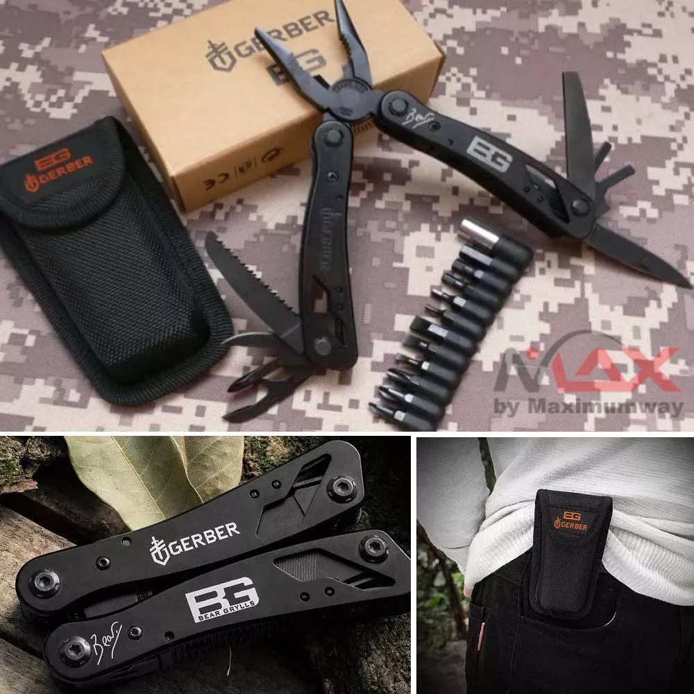 EDC Alat Survival Multifungsi Tang Obeng Pisau Gunting dll dengan tas pinggang untuk keadaan darurat kemping hiking Bear Grylls Multifunctional EDC Plier Survival Tool Multi Tool Folding Knife EDC Multitools Combo Clamps Stain Multifunctional