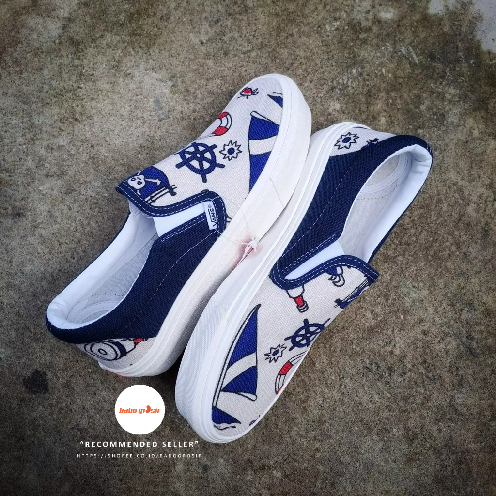 PROMO Sepatu Slip On Wanita | Vans Slip On Star Sailor Blue Premium Import Quality Include Box, Upper Kanvas, Waffle DT Anti Slip, Tag Made in China, Harga Termurah