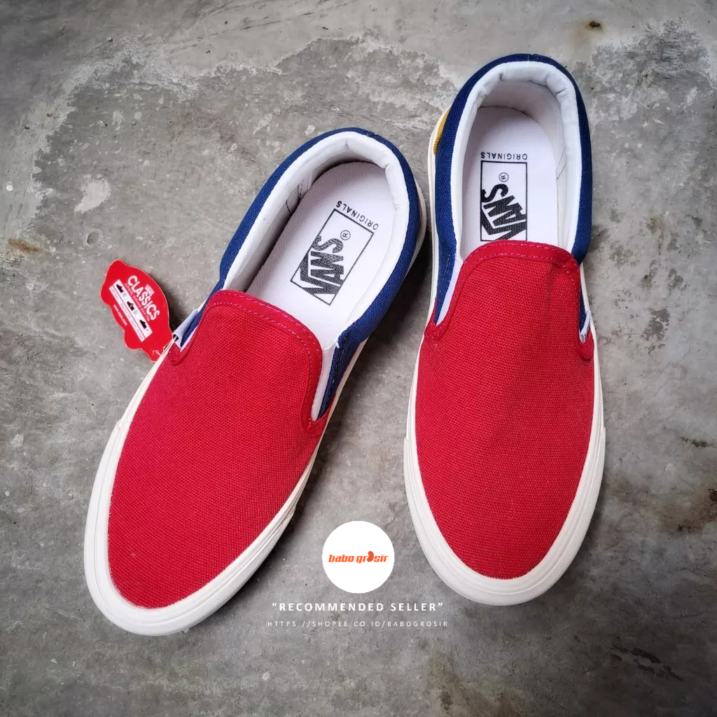 PROMO Sepatu Slip On Pria Wanita | Vans Slip On Yatch Club Red Premium Import Quality Include Box, Upper Kanvas, Waffle DT Anti Slip, Tag Made in China