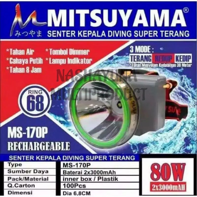 Promo Terbaru!!! Senter Kepala Jumbo Mitsuyama 80 watt MS-170P Tahan Air di lengkapi 3 mode Batrai tahan lama