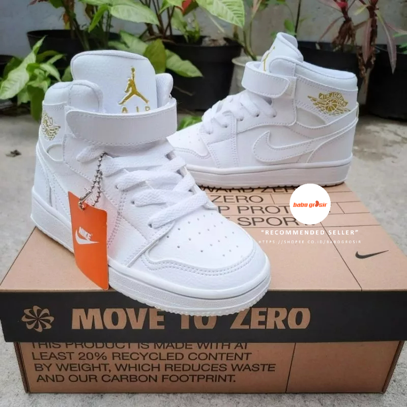 PROMO Sepatu Anak Murah Kualitas Mewah | Air Jordan 1 KIDS White Premium Quality Lengkap Box, Tag Box, Shoes Paper. Tapak Karet Rubber Tidak Licin