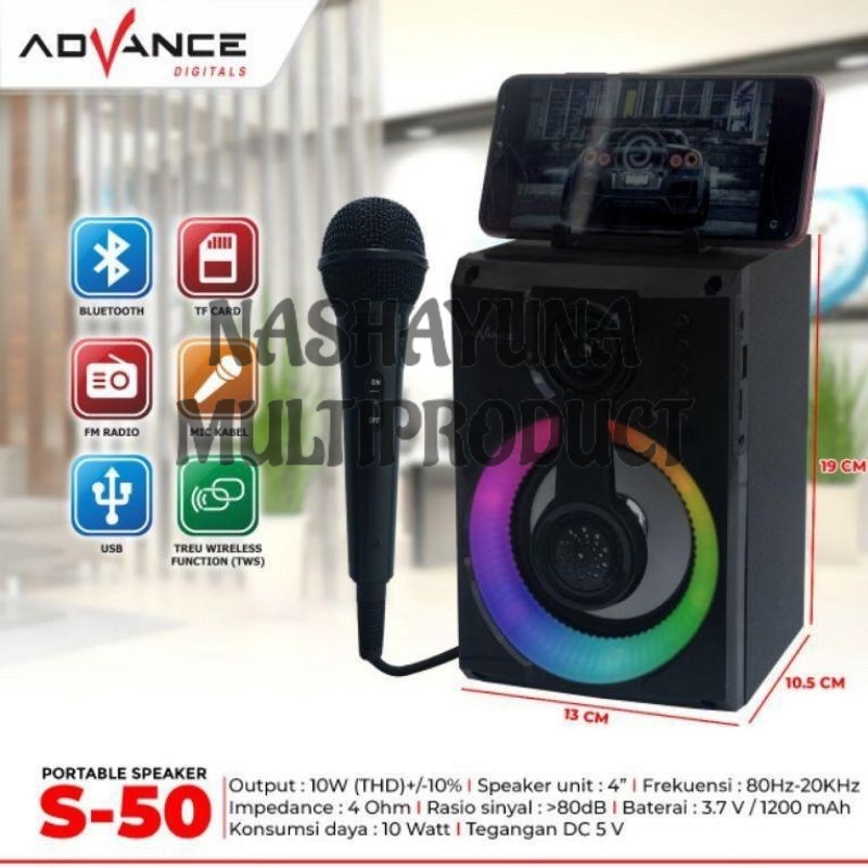 Speaker Bluetooth Portable ADVANCE S-50 / Speaker Karaoke Plus Mic ADVANCE S-50 Input Usb-Aux-Sd Card-Fm Radio Suara Ngebass