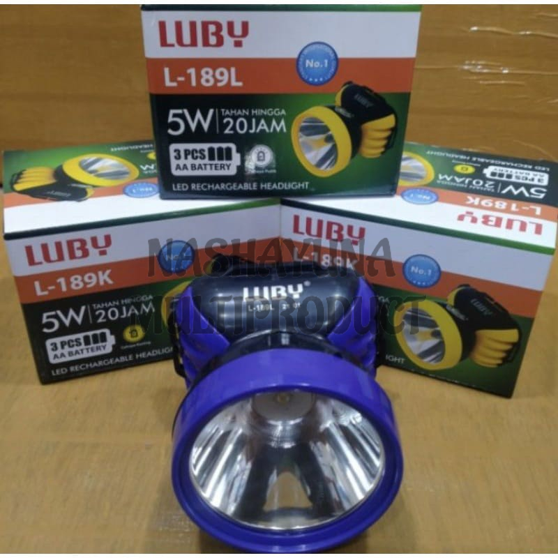 Luby Senter Kepala Headlamp L-189  karakteristik produk 1. Menggunakan 3 buah baterai AA, belum termasuk 2. Dilengkapi dengan LED 5W tahan lama, sangat terang dan hemat energi 3. Lampu LED dari Amerika yang bisa mencapai hingga 250m 4. Cahaya Putih  cocok