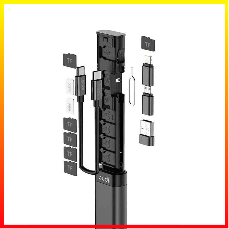 Cable Data Stick Adaptor OTG Pembaca Kartu Eksternal 9 in 1 Multifunctional USB TF SIM Card Storage BUDI BD9 - 7CUA0LBK