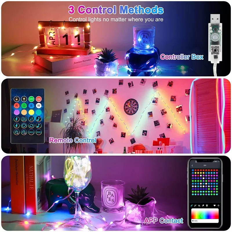 RBGIC Lampu Selang 20m 200LED bisa di program Anti Air Dekorasi Disco Cafe Pub Karaoke bisa mengikuti alunan musik cocok untuk lampu pohon natal LED Fairy Lights RGB IC Remote Bluetooth APP Control Light Music Sync Holiday Outdoor Lamp Garland For Party