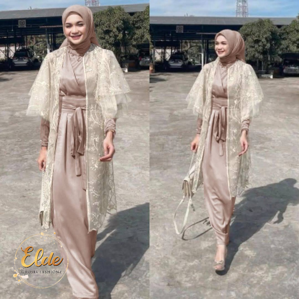 ELDE 12 - MAXY LUCIA BRUKAT TILLE DRESS SET GAMIS JUMBO WANITA SIZE M - L - XL - XXL BAHAN ROBERTO SLETING BELAKANG + CARDI TILE MUTIARA IMPORT + OBI LILIT LUCIANNA