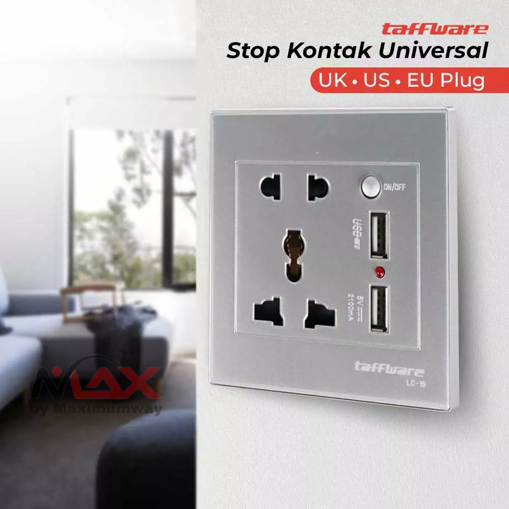 Taffware Stop kontak Listrik Dinding plus 2x USB 2.1A bisa segala jenis steker UK EU US bisa charge HP didalam ada 2 charger Fast Charging 2.1 Ampere Dual USB Port Electric Wall Charger Dock Socket Power Outlet Panel Plate Electric Wall Charger Station