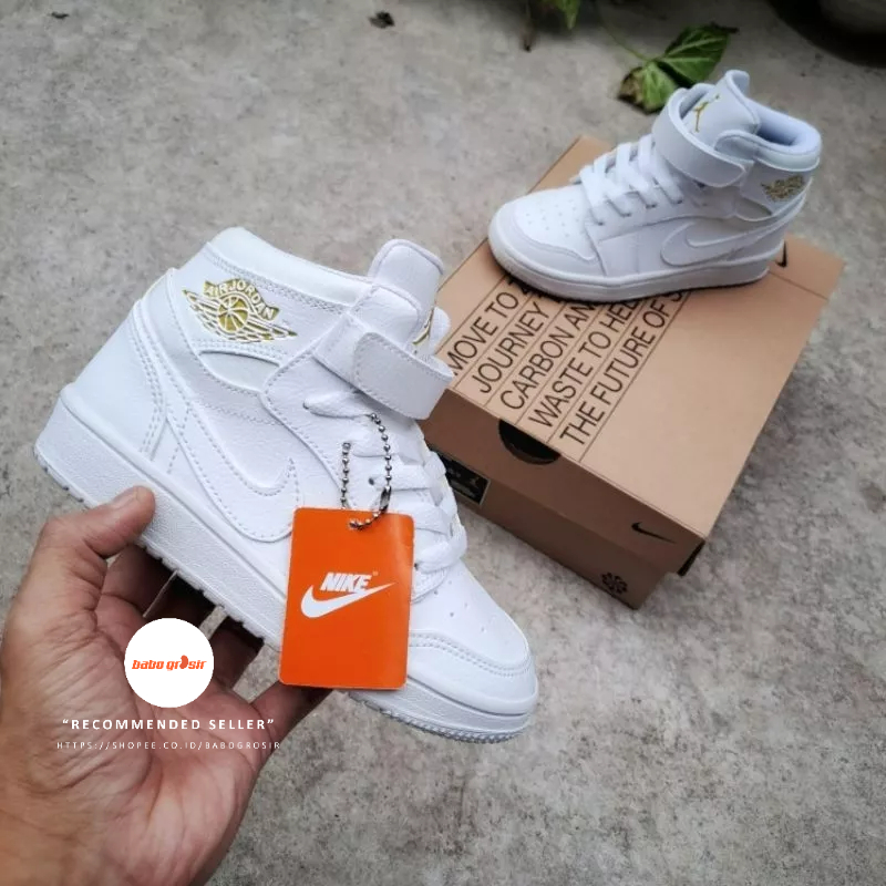 PROMO Sepatu Anak Murah Kualitas Mewah | Air Jordan 1 KIDS White Premium Quality Lengkap Box, Tag Box, Shoes Paper. Tapak Karet Rubber Tidak Licin