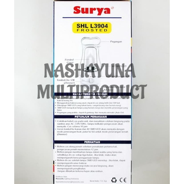 Surya Lampu Emergency Petromak SHL L3904x Frosted SMD 40 LED with Dimmer Switch Rechargeable 7Hours