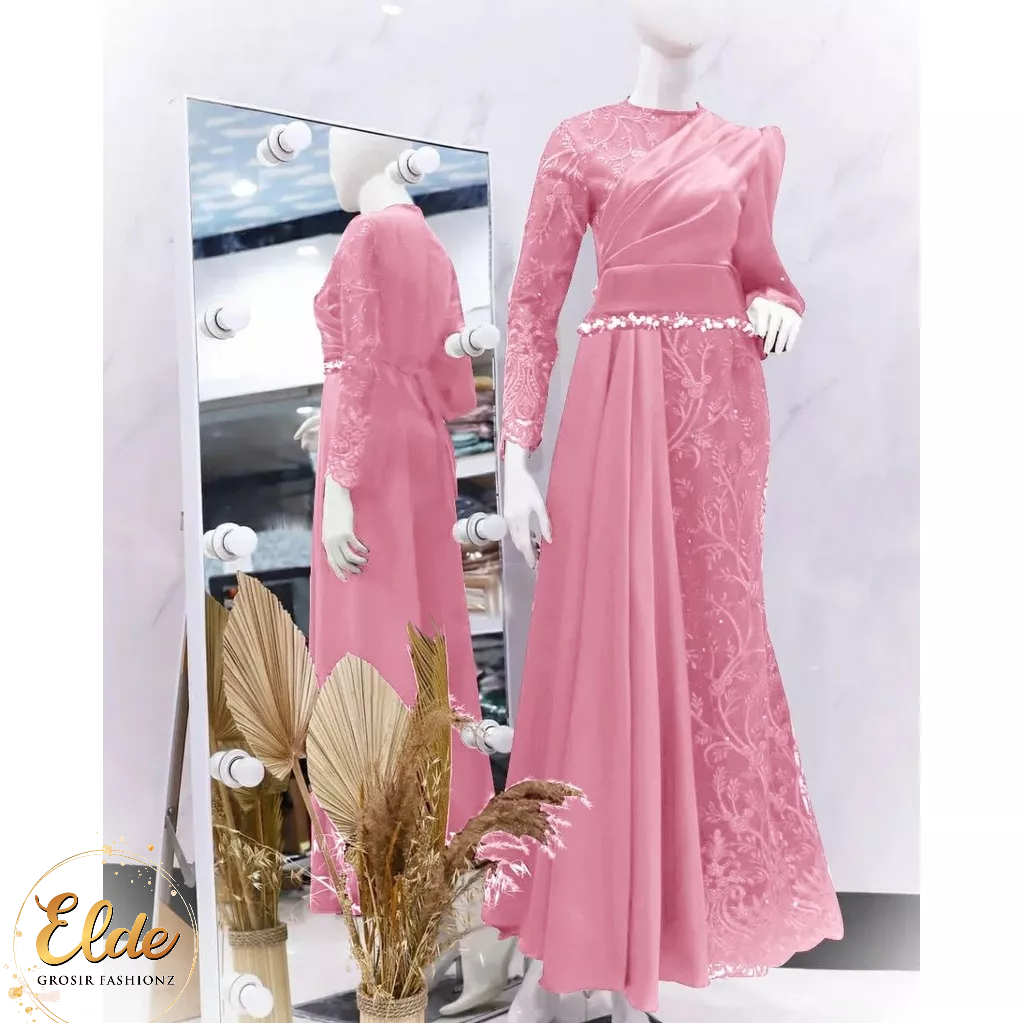 ELDE 12 - ( M - L - XL - XXL )  MAXI DRESS DUYUNG CHANELIA MAXY BAHAN TILE MUTIARA FULL DEPAN BLKG LAPIS FURING BAGIAN DEPAN ADA LAYER VELVET BAGIAN PINGGANG MUTIARA TEMBAK