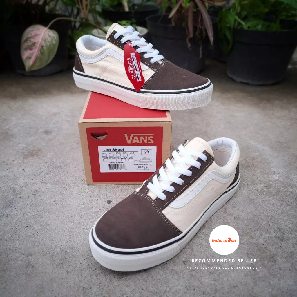 PROMO Sepatu Sneakers Pria Wanita | Vans Oldskool Classic Cream Brown Premium Import Quality Include Box, Upper Suede Leather + Kanvas, Waffle DT Anti Slip, Tag Made in China, Harga Termurah