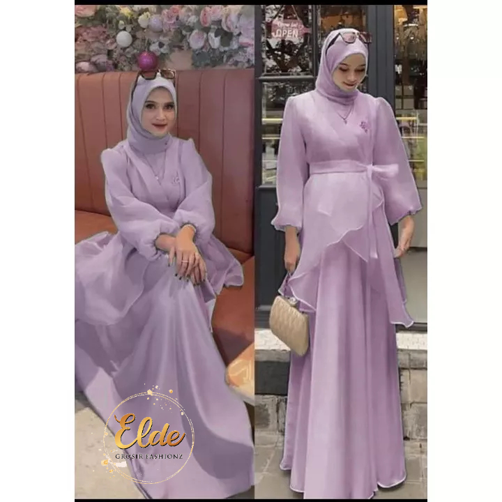 ELDE 12 - MAXI ORGANZA MAXY DRESS ( M - L - XL - XXL ) BAHAN VELVET BAGIAN CARDI ORGANZA DEPAN NYATU, LENGAN LAPIS ORGANZA, SLETING DAN KARET BELAKANG + BELT TALI ORGANZA ( NO BROSS )