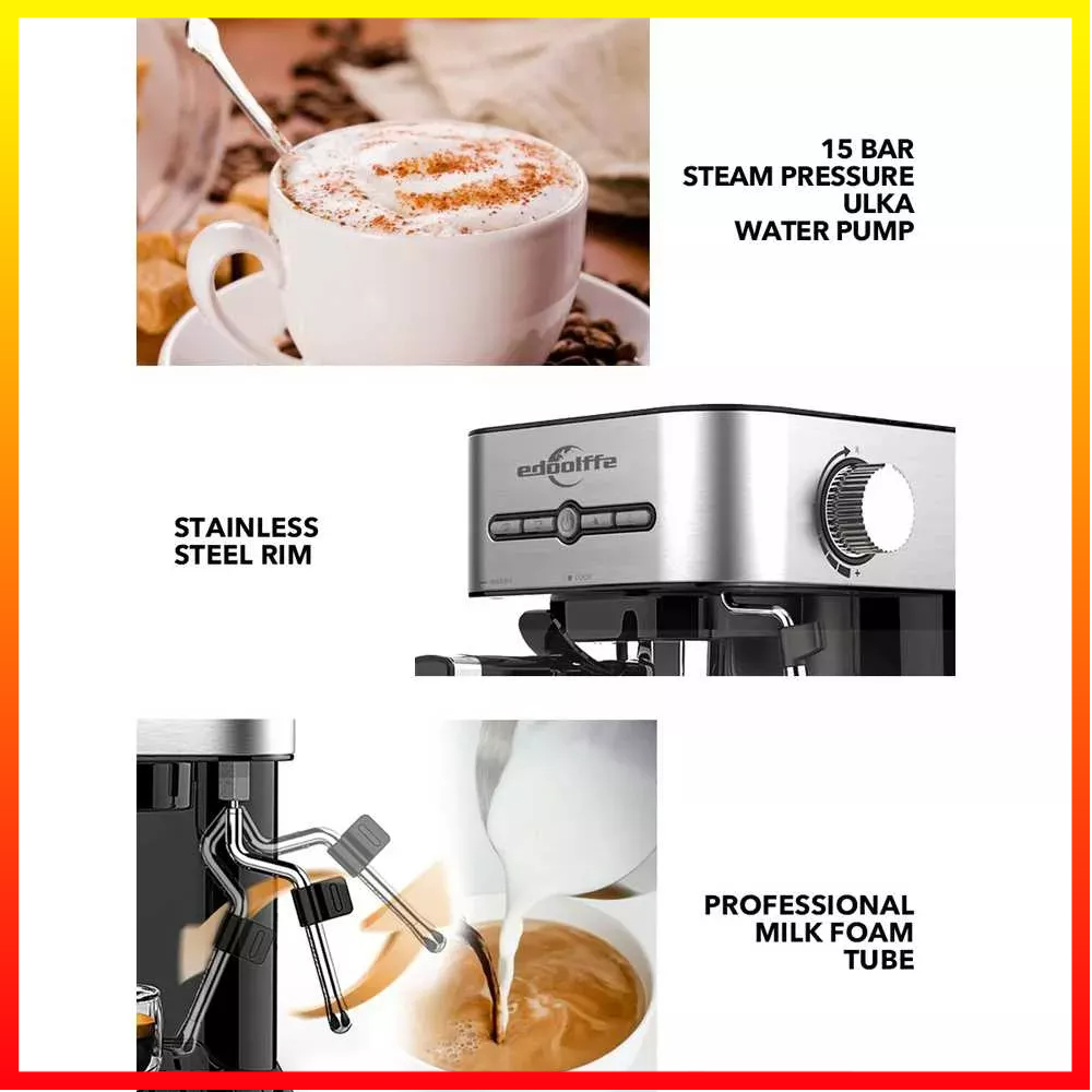 Mesin Pembuat Kopi Krim Espresso Cappucino Semi Automatic Italian Coffee 15 Bar Tank 1.4L Edoolffe - 7CHA0YSV