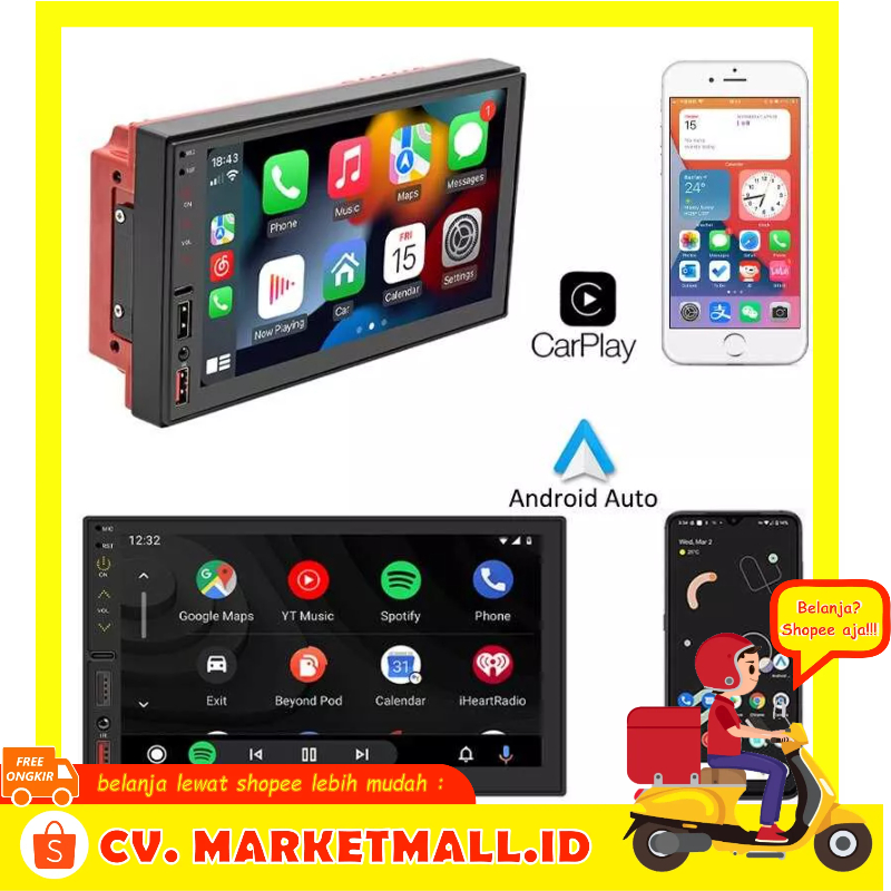 Head Unit Android Nirkabel + AUTO MP5 Player CarPlay Double DIN Stereo Handsfree Kartu Plug-in Radio Bluetooth Interkoneksi PHYEE FS02C - 7CRS28BK