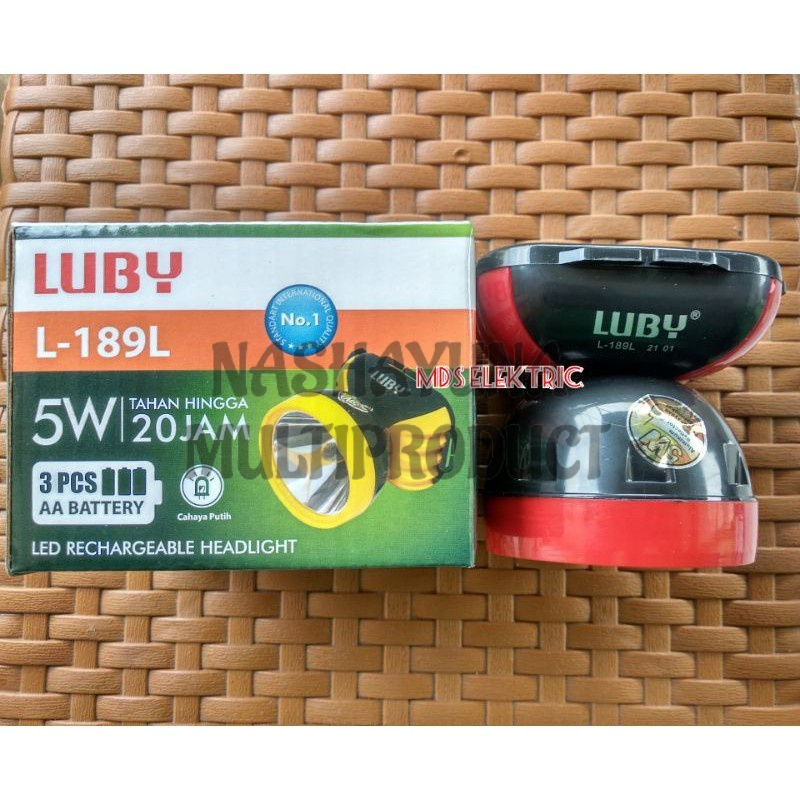 Luby Senter Kepala Headlamp L-189  karakteristik produk 1. Menggunakan 3 buah baterai AA, belum termasuk 2. Dilengkapi dengan LED 5W tahan lama, sangat terang dan hemat energi 3. Lampu LED dari Amerika yang bisa mencapai hingga 250m 4. Cahaya Putih  cocok