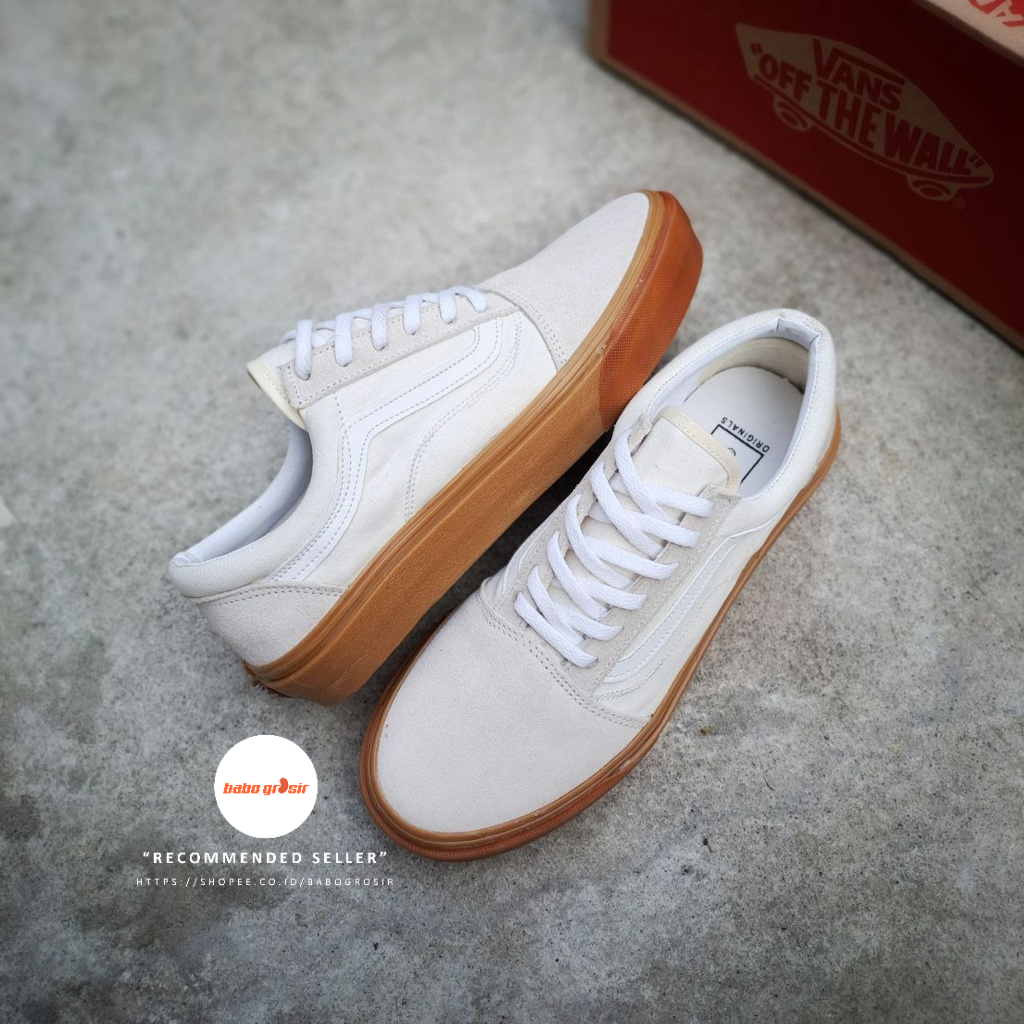 PROMO Sepatu Sneakers Pria Wanita | Vans Oldskool White Gum Premium Import Quality Include Box, Upper Suede Leather + Kanvas, Waffle DT Anti Slip, Tag Made in China, Harga Termurah